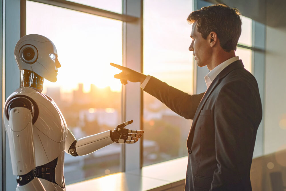 Ein Geschäftsmann in Anzug zeigt mit dem Finger auf einen humanoiden Roboter in einem modernen Büro bei Sonnenuntergang – symbolisch für die Konfrontation oder Zusammenarbeit zwischen Mensch und Künstlicher Intelligenz.