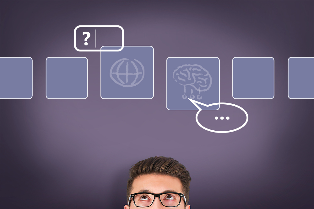 The image shows a man's head looking up at the bottom of the picture. Above him is a row of tiles with symbols: a globe representing the internet, and a stylized brain with a speech bubble representing artificial intelligence. Above the globe is a smaller field containing a question mark that indicates a search function.