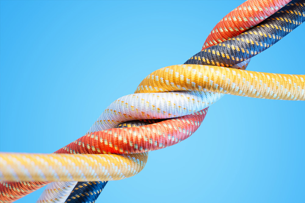 The image shows two differently colored ropes tied securely together. This symbolizes the balancing act of introducing software: achieving a balance between flexibility and security, agility and adaptability, and reliable stability and protection.
