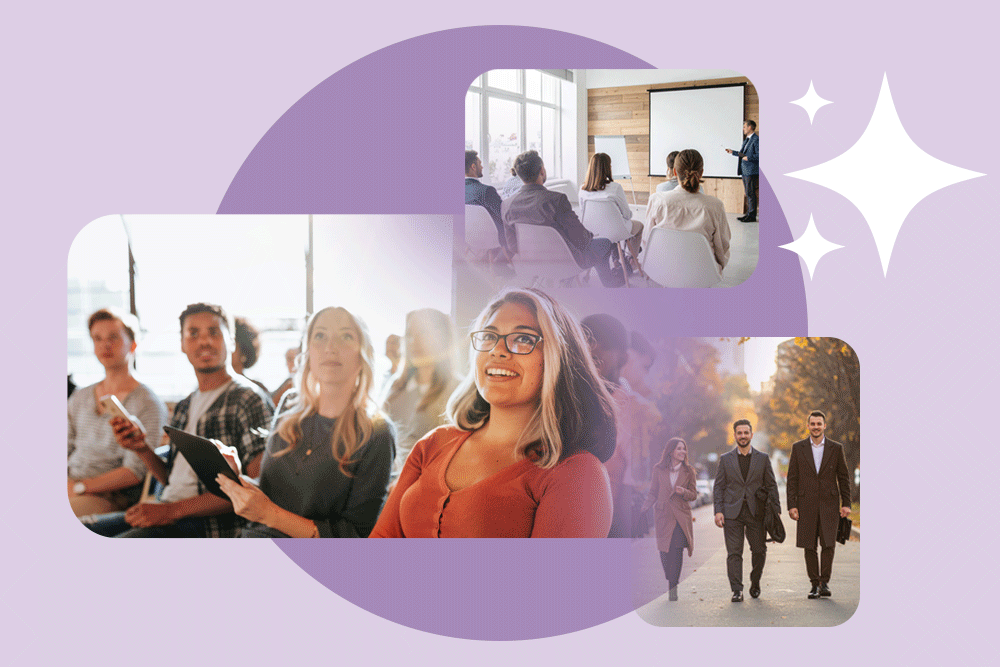 Mehrere Gruppen von Menschen bei einer Fortbildung. Teilnehmende hören einem Vortrag zu, lachen und gehen anschließend gemeinsam nach draußen.