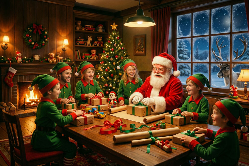 Der Weihnachtsmann sitzt mit den Elfen am Tisch und verpackt Geschenke