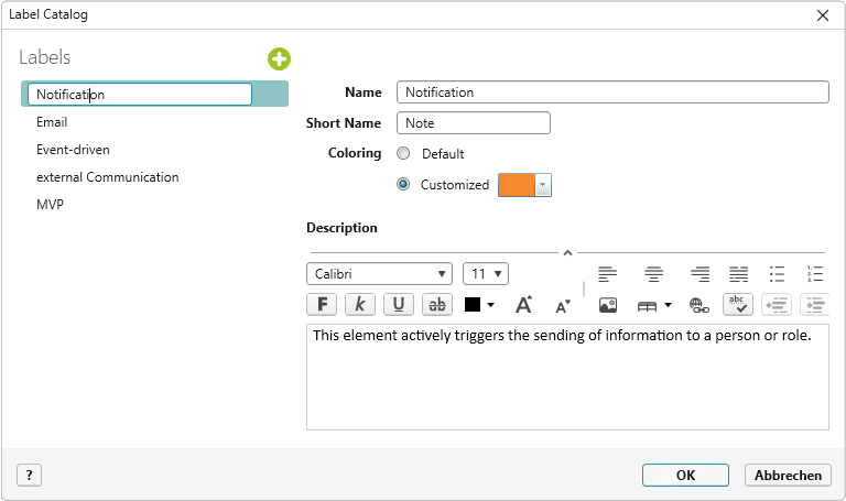 label catalog with labels in a dialog
