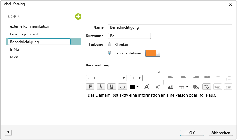 Label-Katalog zum Erstellen von Labels mit Name, Färbung und Beschreibung